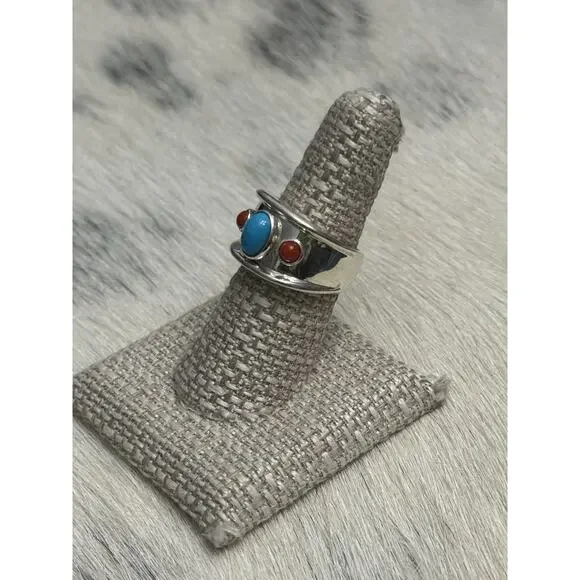 Joseph Esposito ESPO SIG 925 Sterling Silver Turquoise & Coral Wide Band Ring 7